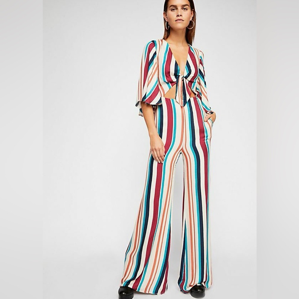 Striped Jumpsuit Wide Leg Tie Front Bohemian Festival Retro Chic